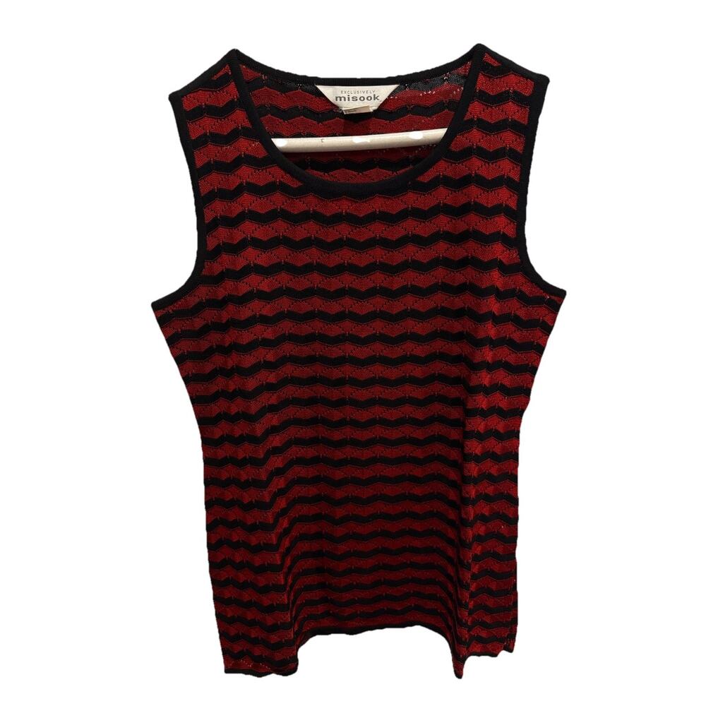 Misook XS Red Black Open Knit Summer Tank Top Sleeveless Lightweight Chevron